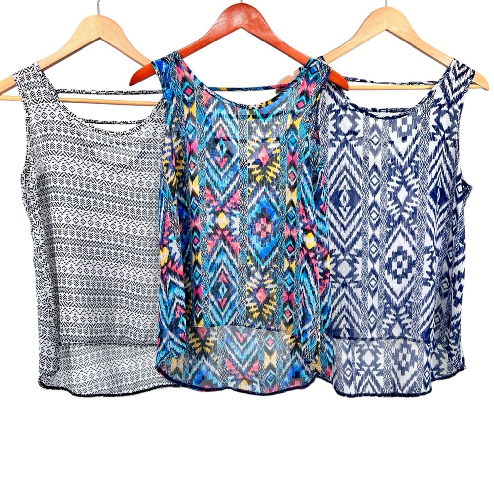 BUNDLE (3) Pinc Aztec Print Sheer Tank Tops Sz S Strappy Back Flowy Tribal Print